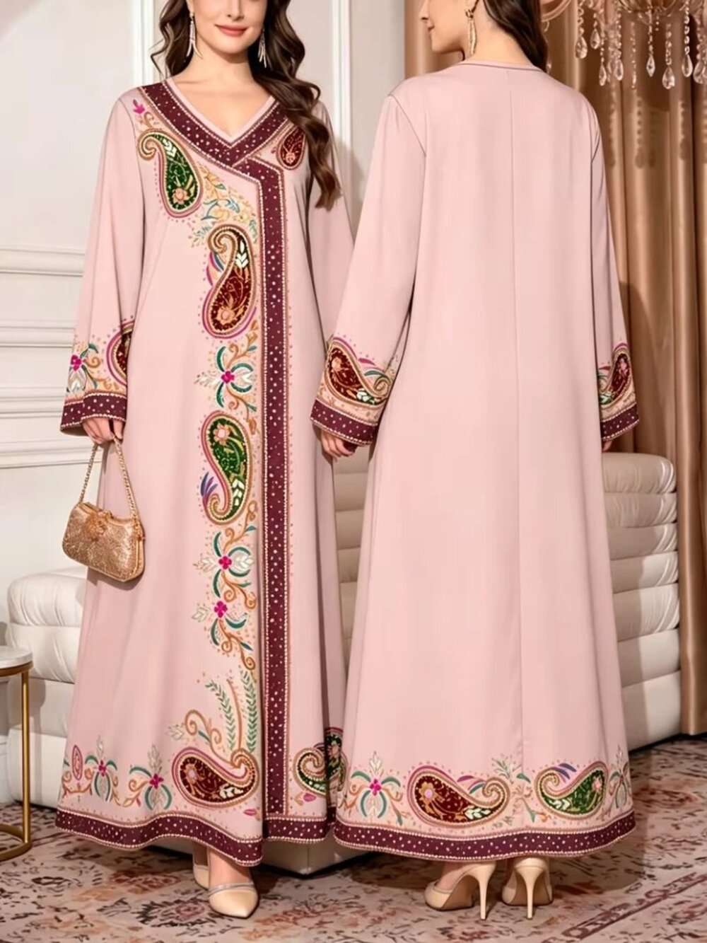 Women Dress Middle Eastern Robe Spring Summer Fashion Ethnic Print Size Plus 2XL - Picture 3 of 12